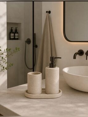 Neutral Stone Bath Accessory Set w/ Pump Dispenser, Vanity Tray, Stone Tumbler